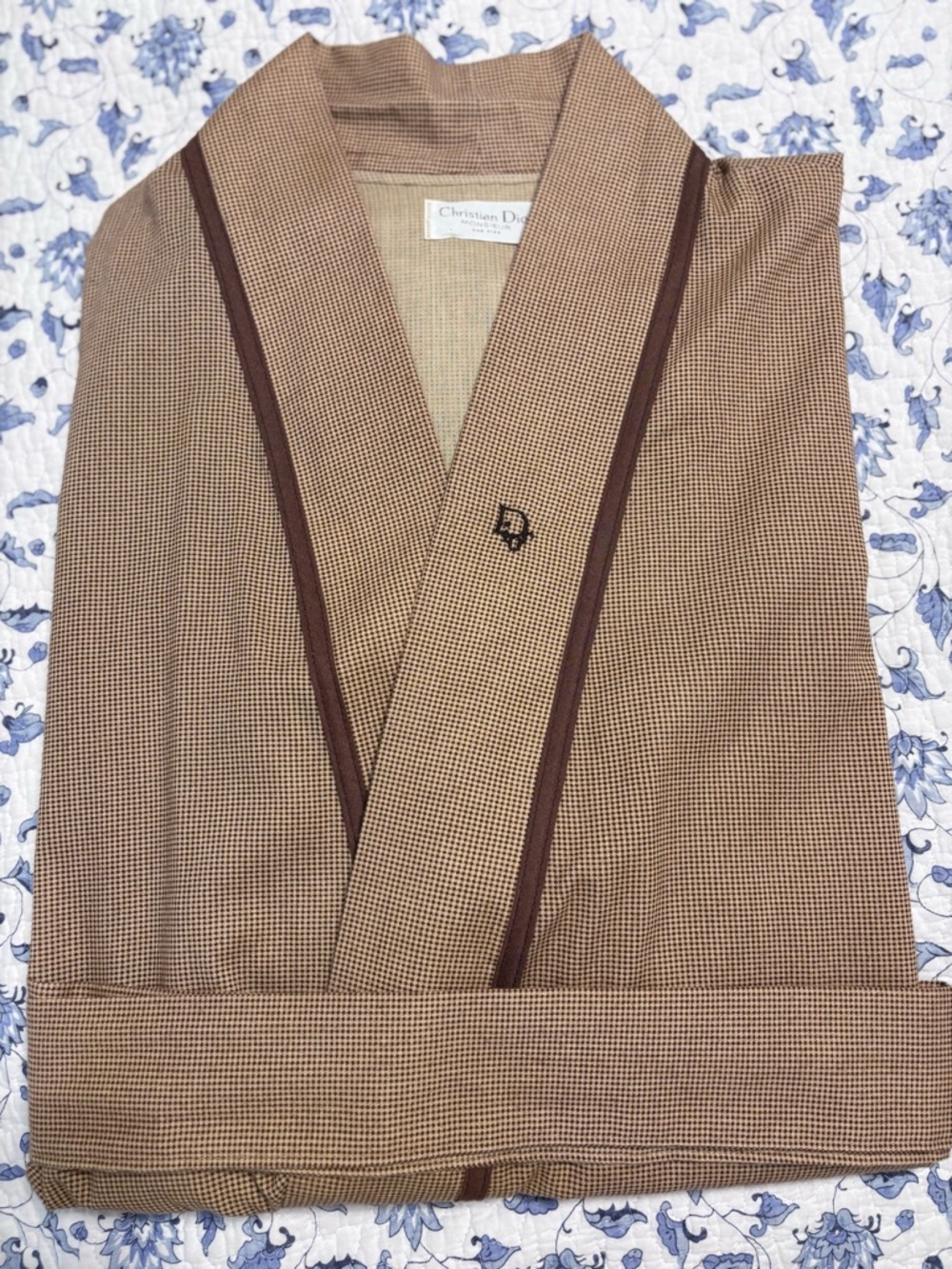 Christian Dior Vintage men’s kimono Robe Brown and Tan micro check pockets belt - Picture 5 of 11